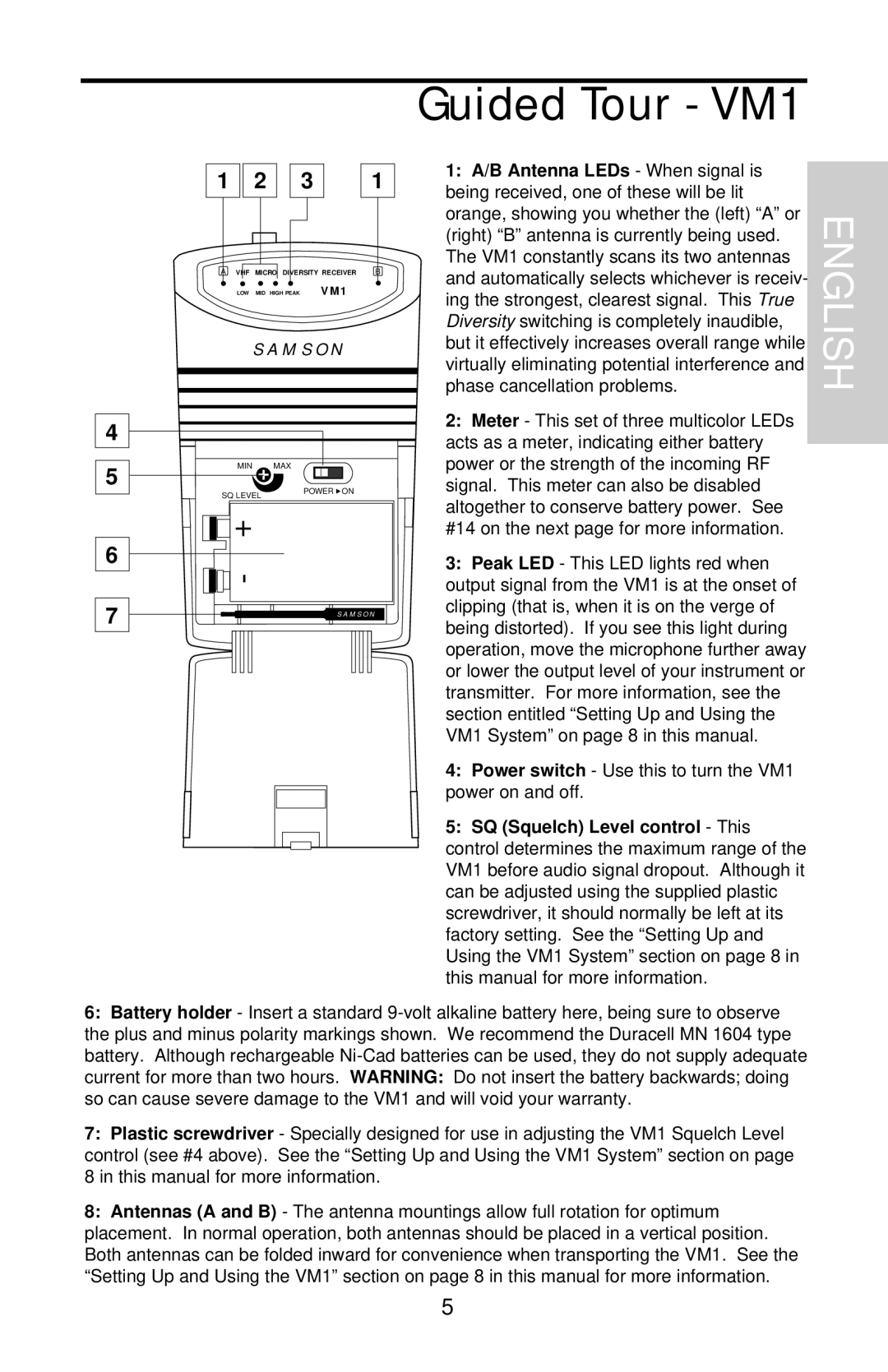 Samson VHF Micro TRUE DIVERSITY WIRELESS owner manual Guided Tour VM1, Samson 