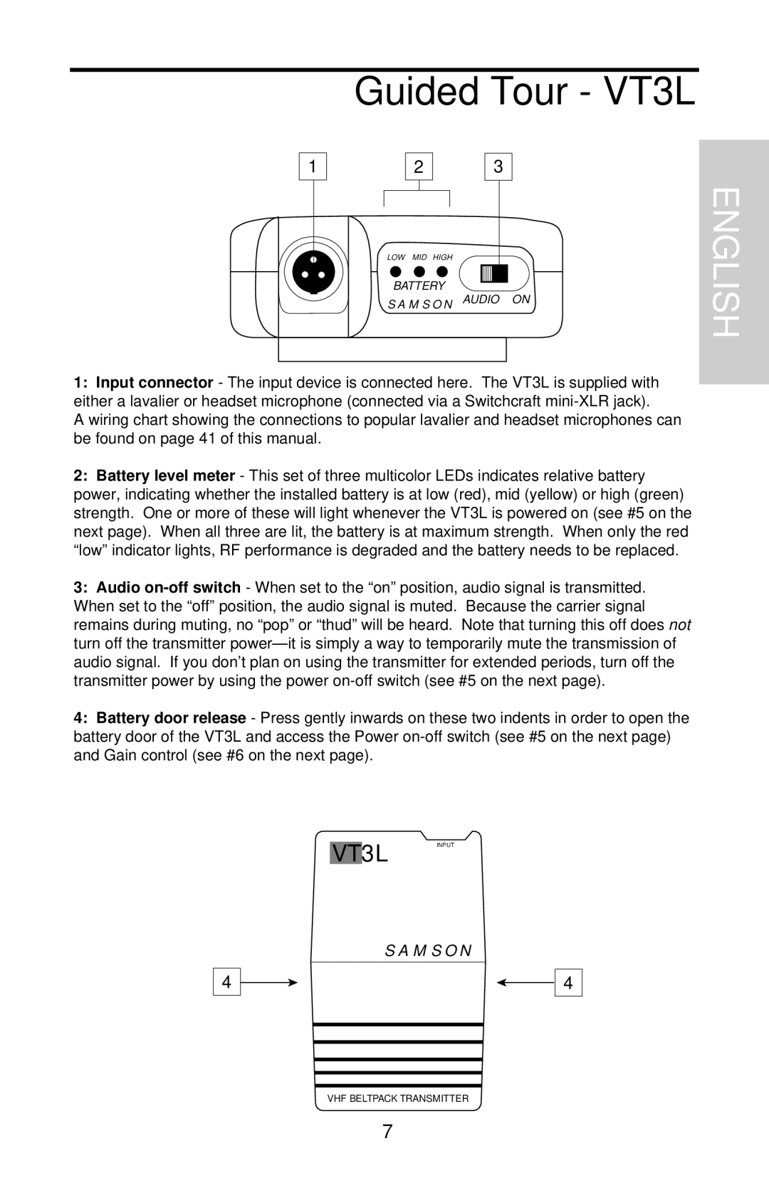 Samson VHF Micro TRUE DIVERSITY WIRELESS owner manual Guided Tour VT3L 