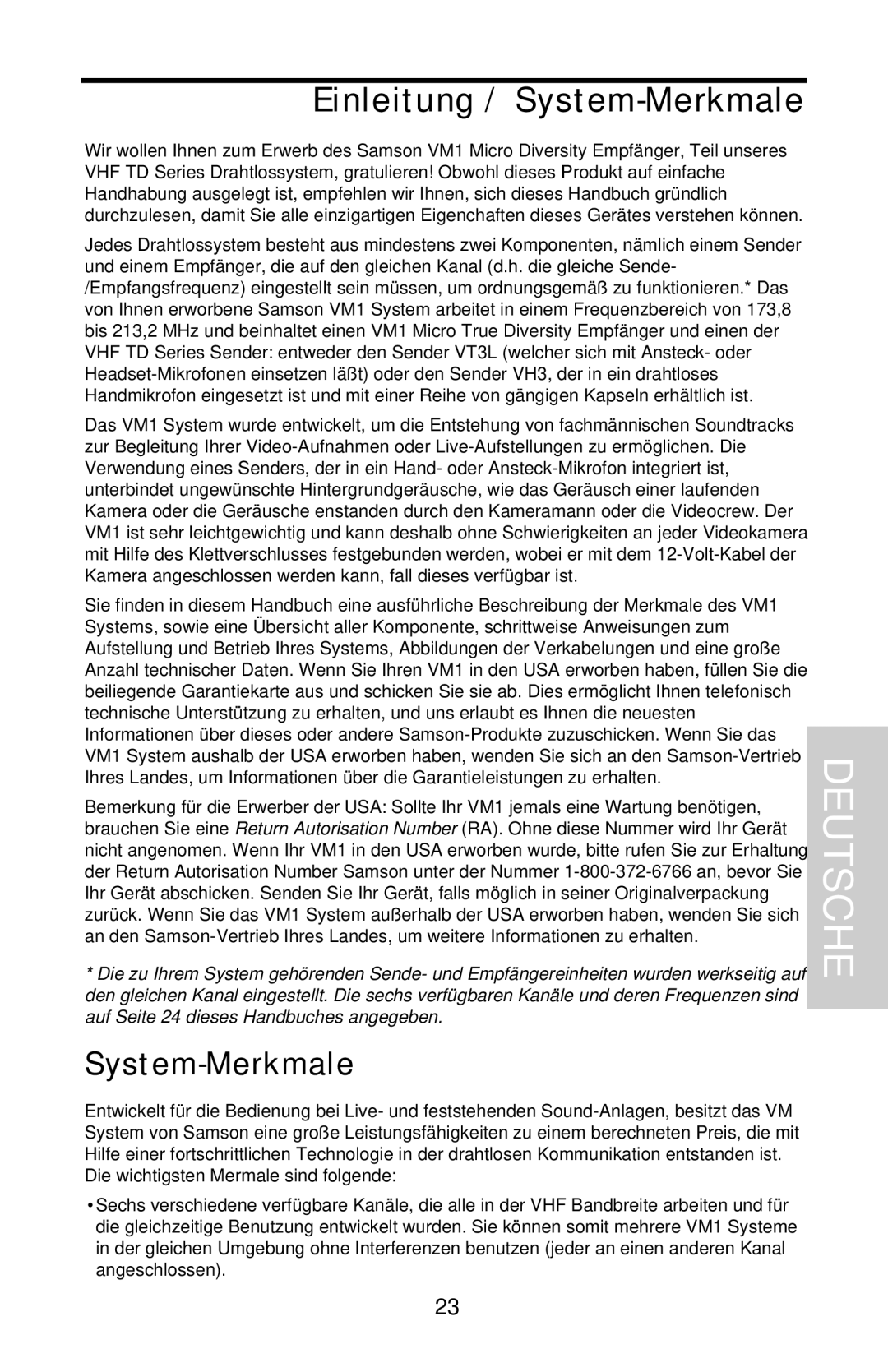 Samson VHF Micro TRUE DIVERSITY WIRELESS owner manual Deutsche, Einleitung / System-Merkmale 