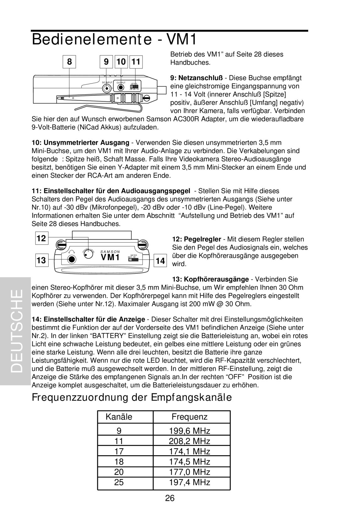 Samson VHF Micro TRUE DIVERSITY WIRELESS owner manual Frequenzzuordnung der Empfangskanäle, Deutsche, Bedienelemente - VM1 