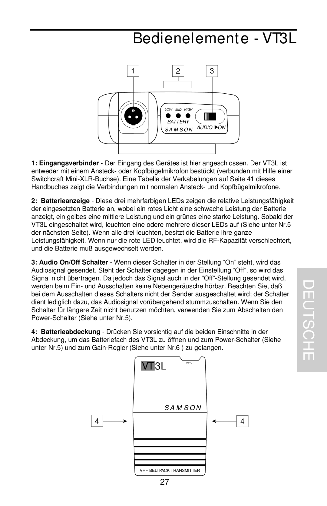 Samson VHF Micro TRUE DIVERSITY WIRELESS owner manual Bedienelemente - VT3L, Deutsche, Samson 