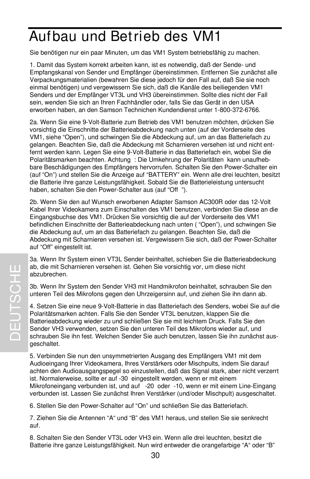 Samson VHF Micro TRUE DIVERSITY WIRELESS owner manual Aufbau und Betrieb des VM1, Deutsche 