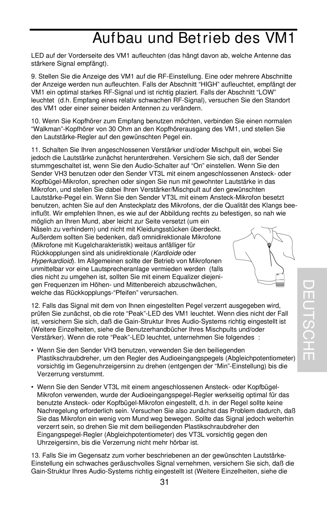 Samson VHF Micro TRUE DIVERSITY WIRELESS owner manual Deutsche, Aufbau und Betrieb des VM1 