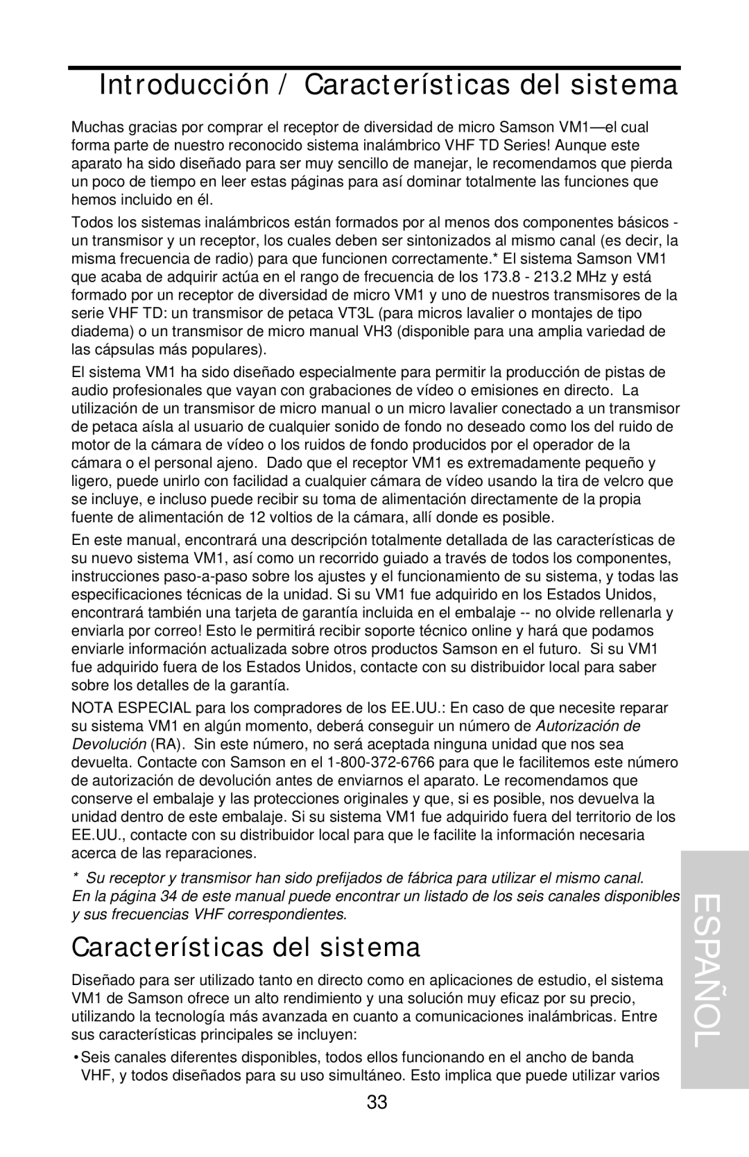 Samson VHF Micro TRUE DIVERSITY WIRELESS owner manual Españ Ol, Introducción / Características del sistema 