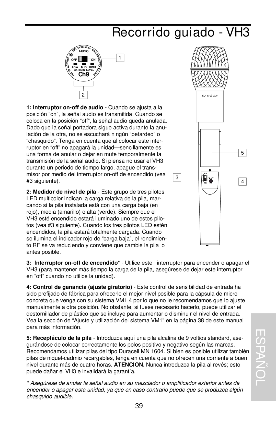 Samson VHF Micro TRUE DIVERSITY WIRELESS owner manual Recorrido guiado - VH3, Españ Ol, On Min Max Off Power Level 