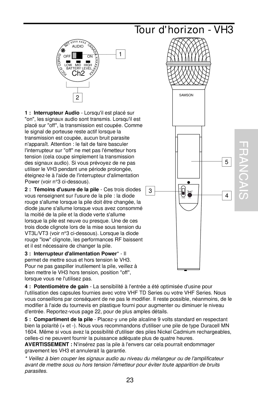 Samson VHF Series, VHF TD Series owner manual Tour dhorizon VH3, Té moins dusure de la pile- Ces trois diodes 