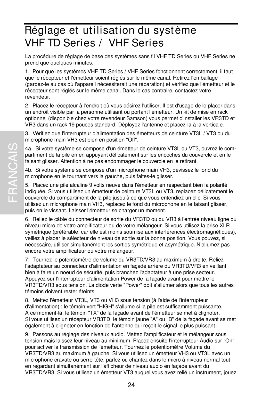 Samson owner manual Réglage et utilisation du système VHF TD Series / VHF Series 