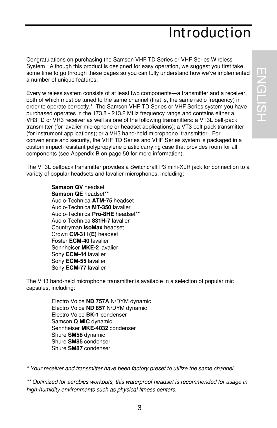 Samson VHF Series, VHF TD Series owner manual Introduction, Samson QV headset Samson QE headset 