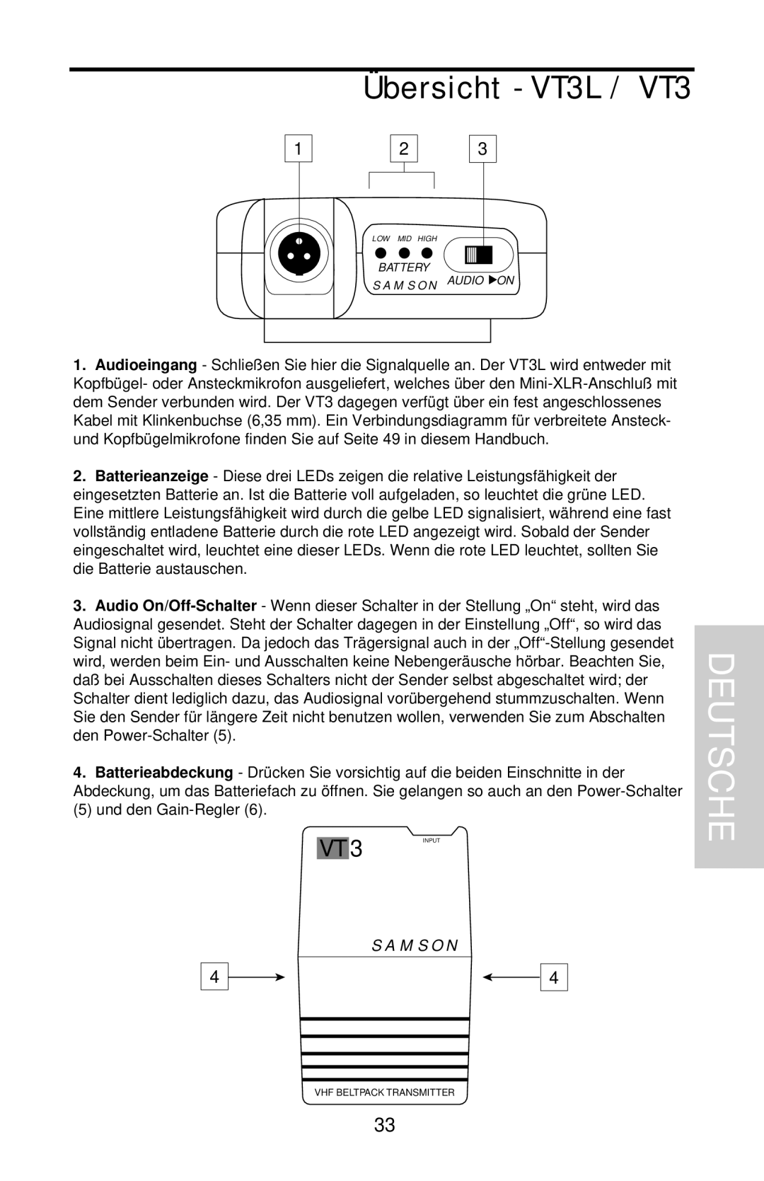 Samson VHF Series, VHF TD Series owner manual Übersicht VT3L / VT3 