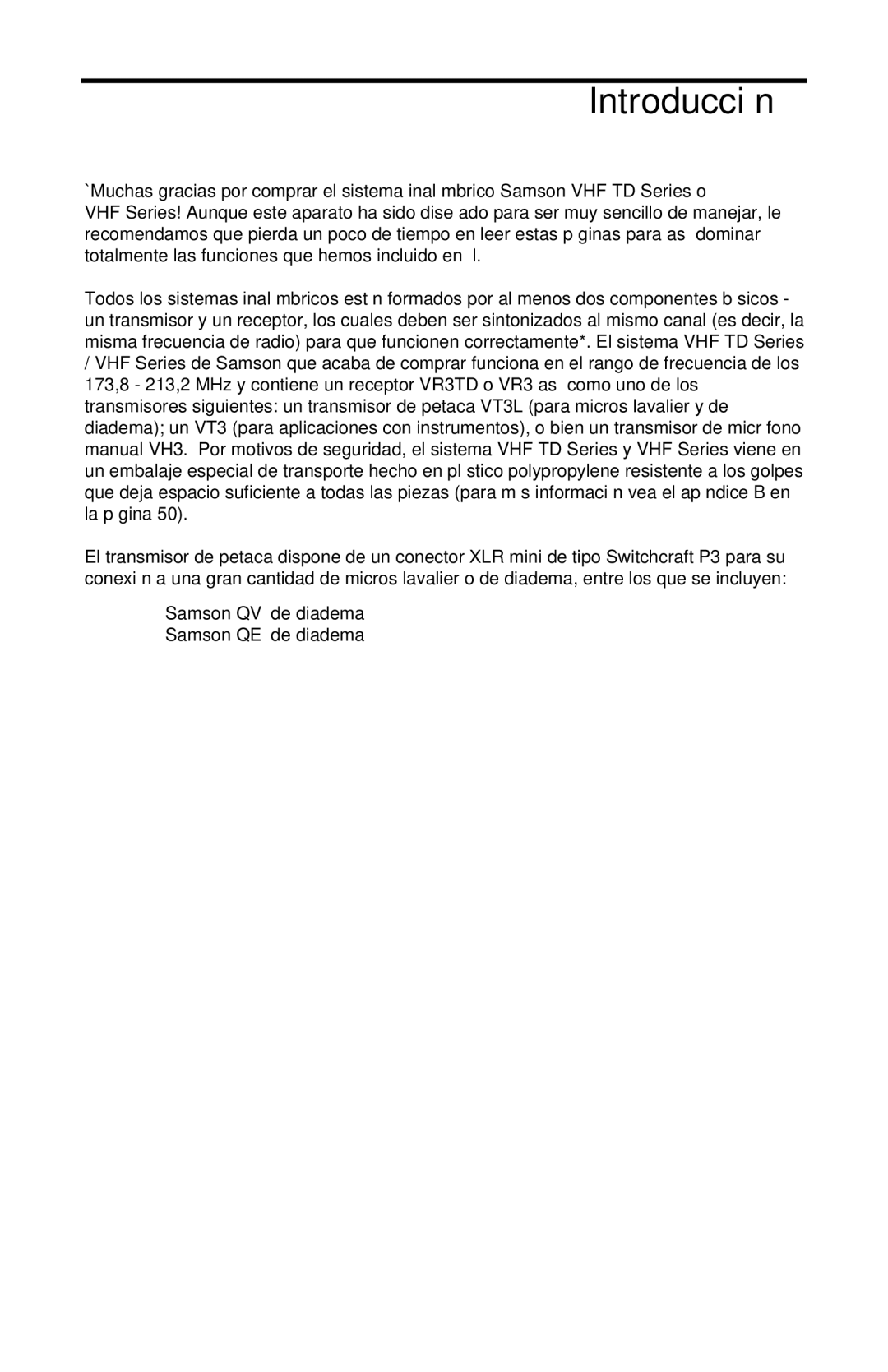 Samson VHF Series, VHF TD Series owner manual Introducción, Samson QV de diadema Samson QE de diadema 