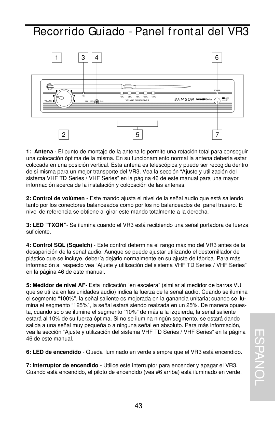 Samson VHF Series, VHF TD Series owner manual Recorrido Guiado Panel frontal del VR3 