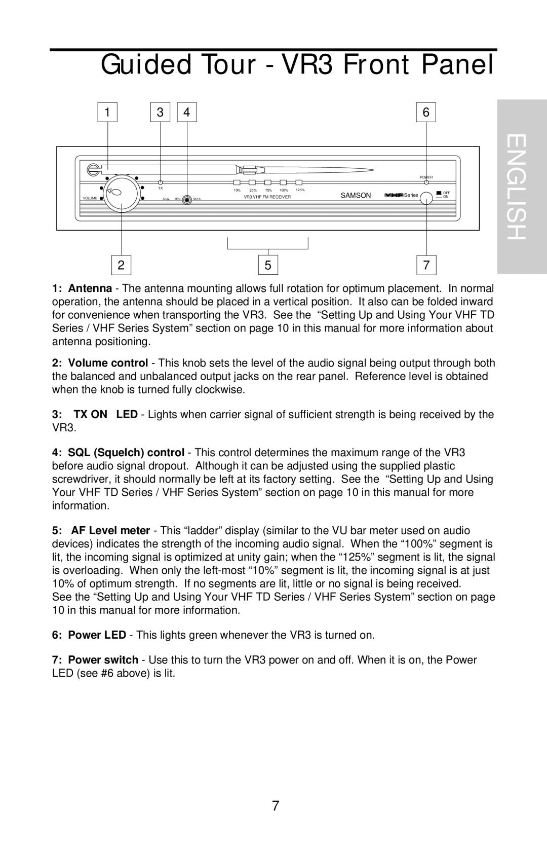 Samson VHF Series, VHF TD Series owner manual Guided Tour VR3 Front Panel 