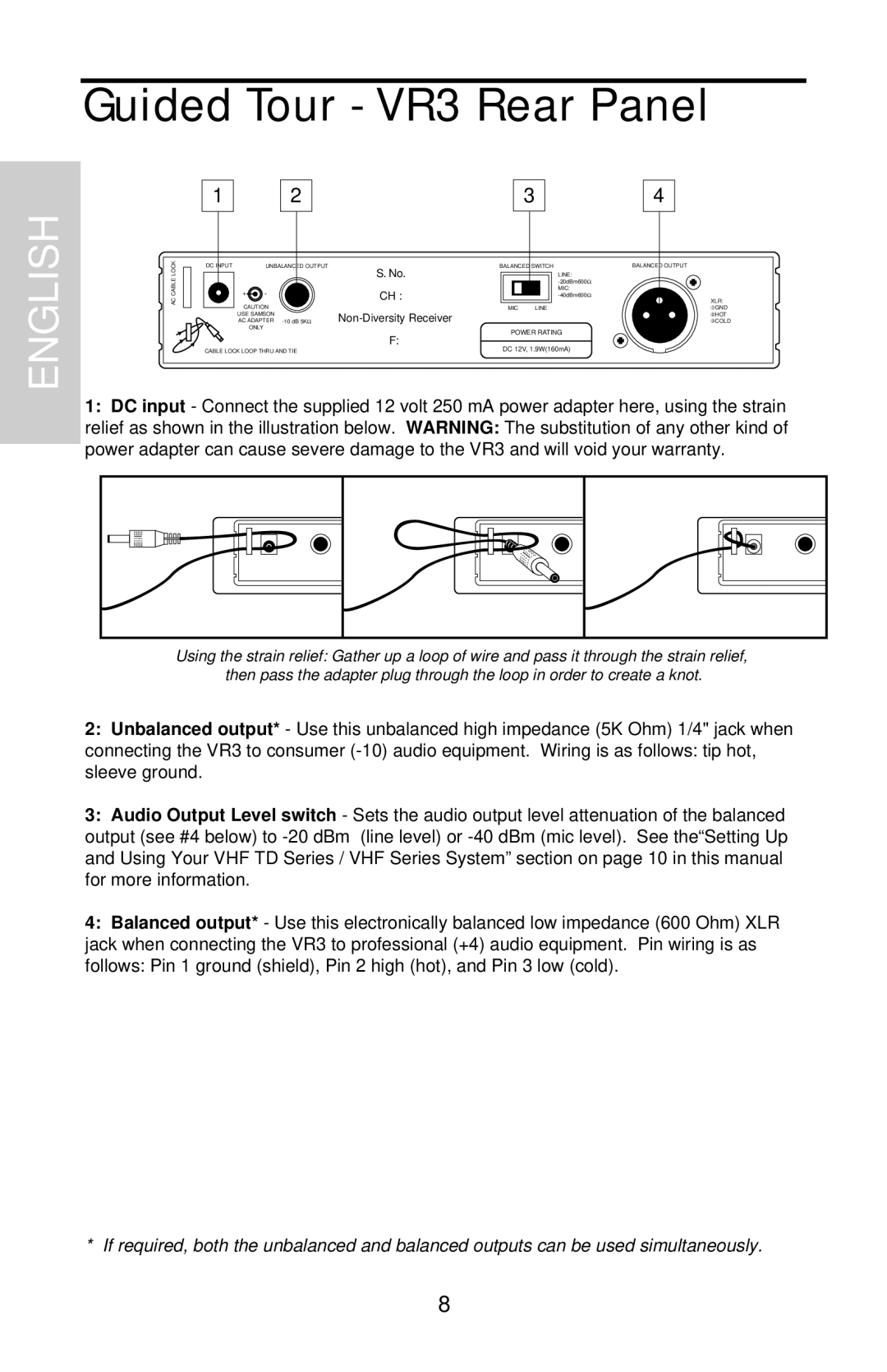 Samson VHF TD Series, VHF Series owner manual Guided Tour VR3 Rear Panel, No. CH Non-Diversity Receiver 