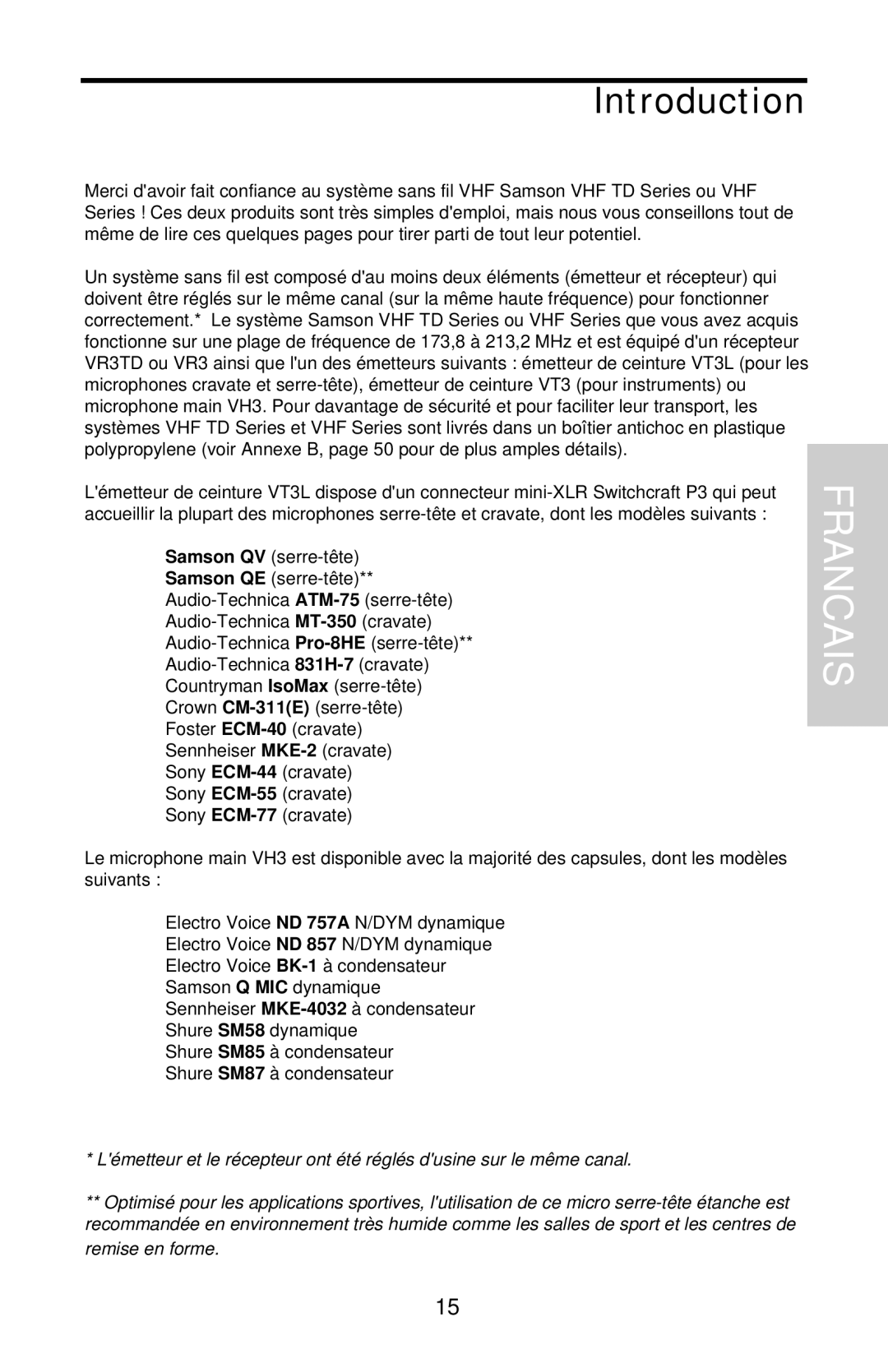 Samson VHF Series, VHF TD Series owner manual Francais, Introduction 