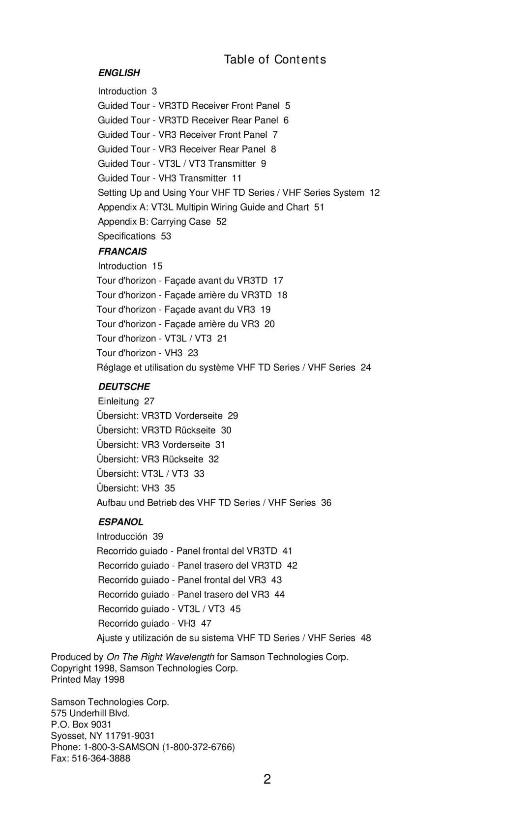 Samson VHF TD Series, VHF Series owner manual Table of Contents, English, Francais, Deutsche, Espanol 