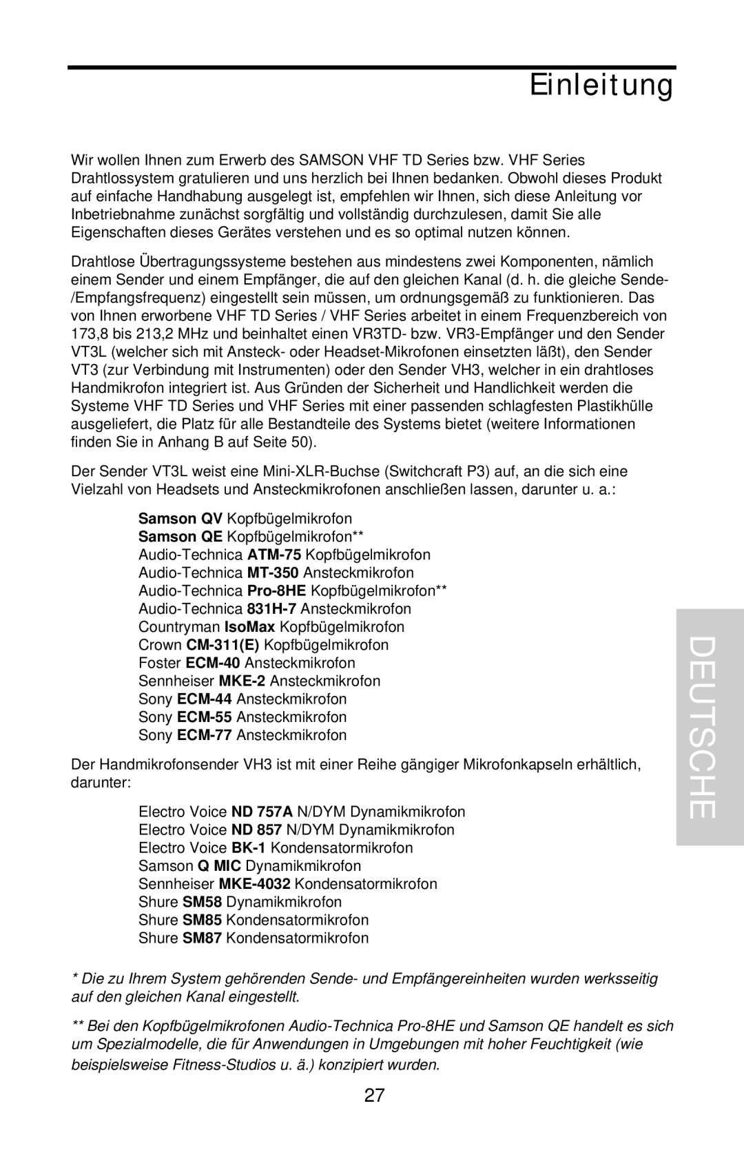 Samson VHF Series, VHF TD Series owner manual Deutsche, Einleitung 