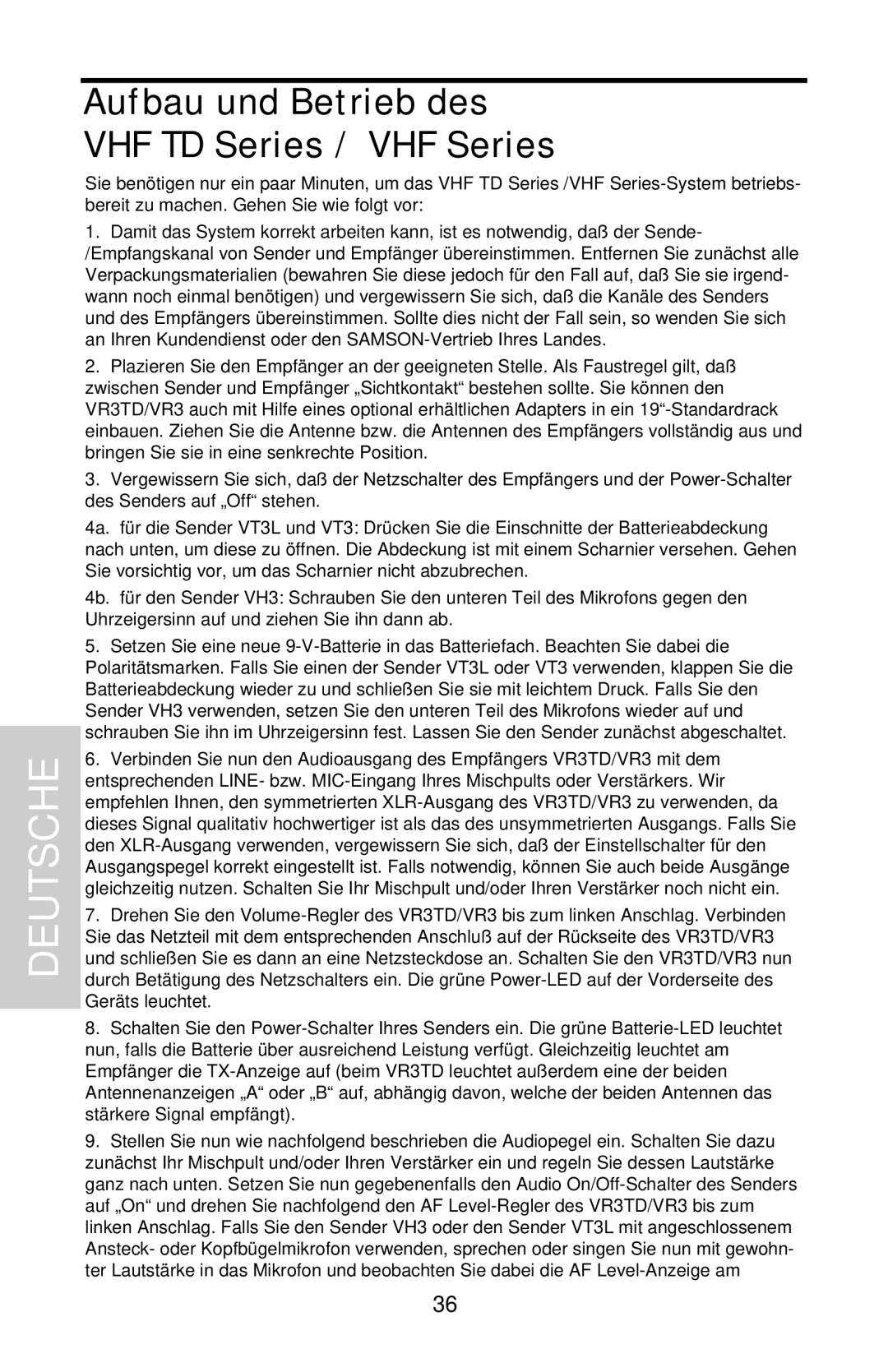 Samson owner manual Aufbau und Betrieb des VHF TD Series / VHF Series, Deutsche 