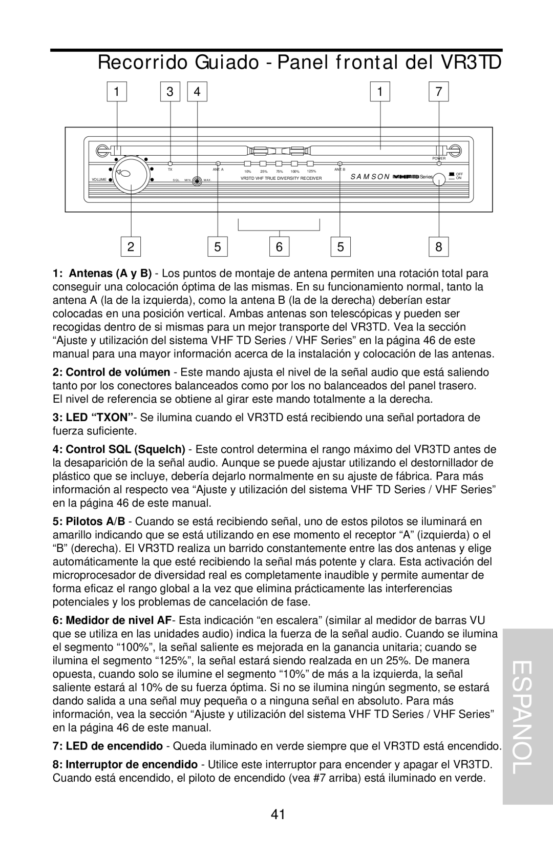 Samson VHF Series, VHF TD Series owner manual Recorrido Guiado - Panel frontal del VR3TD, Espanol 