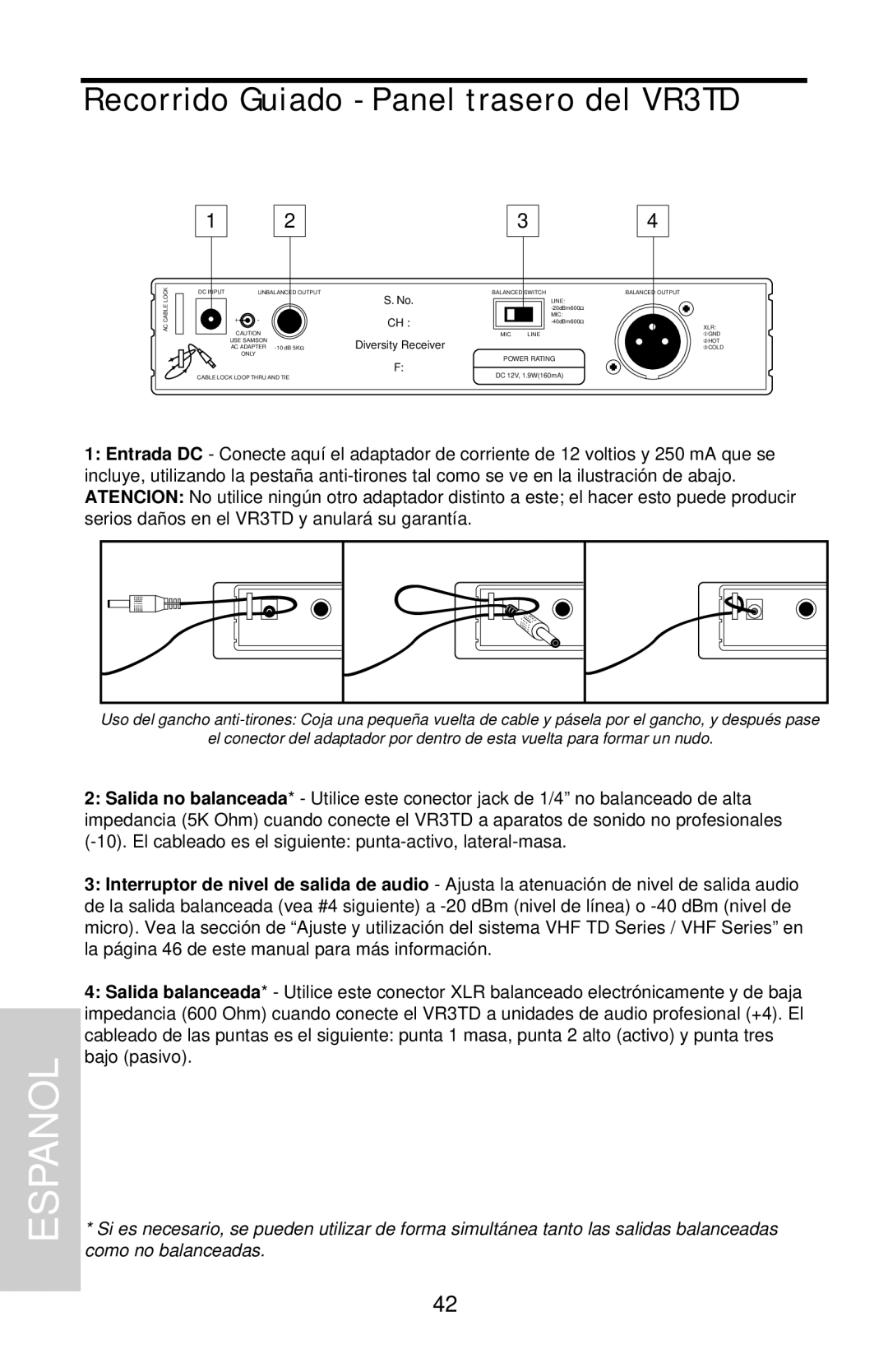 Samson VHF TD Series, VHF Series owner manual Recorrido Guiado - Panel trasero del VR3TD, Espanol 