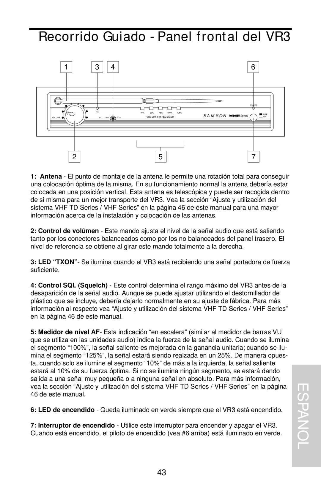 Samson VHF Series, VHF TD Series owner manual Recorrido Guiado - Panel frontal del VR3, Espanol 