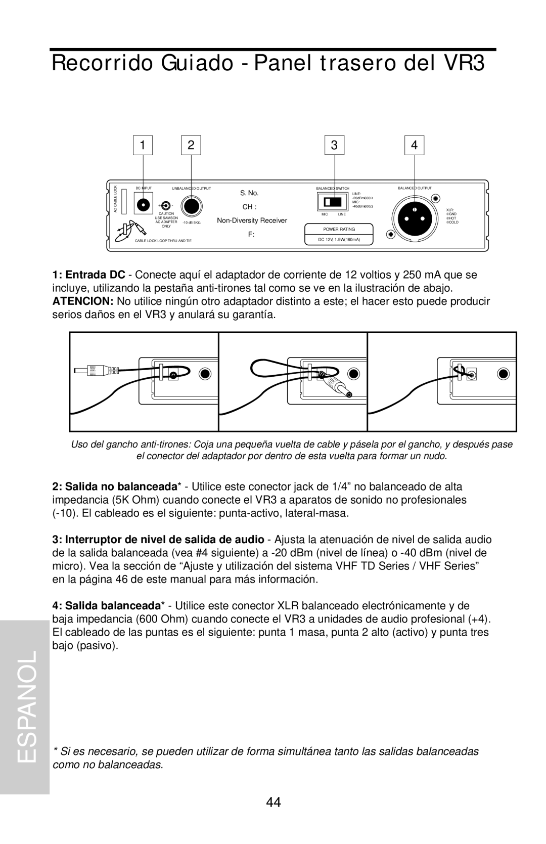 Samson VHF TD Series, VHF Series owner manual Recorrido Guiado - Panel trasero del VR3, Espanol 