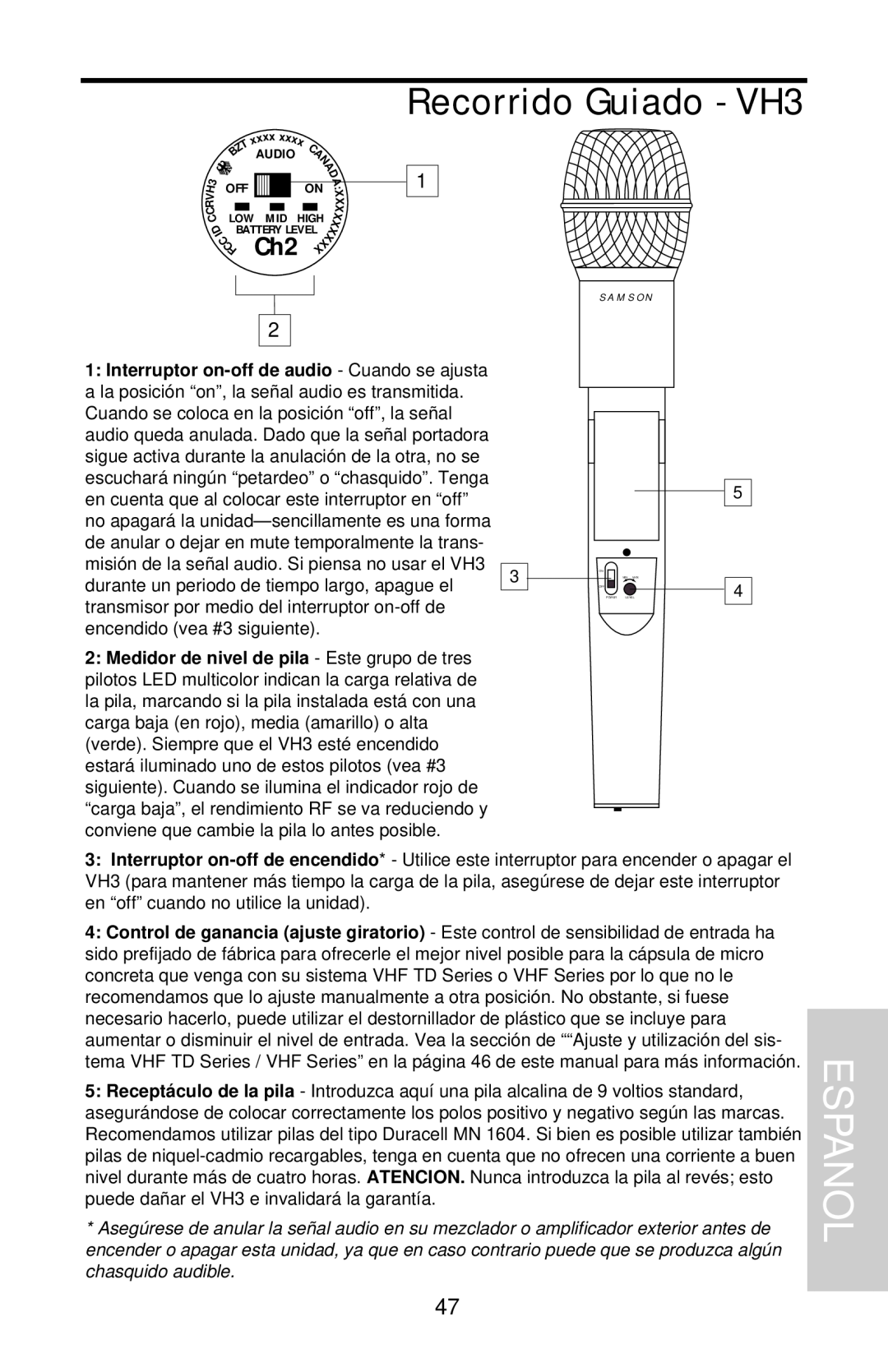 Samson VHF Series, VHF TD Series owner manual Recorrido Guiado - VH3, Espanol 