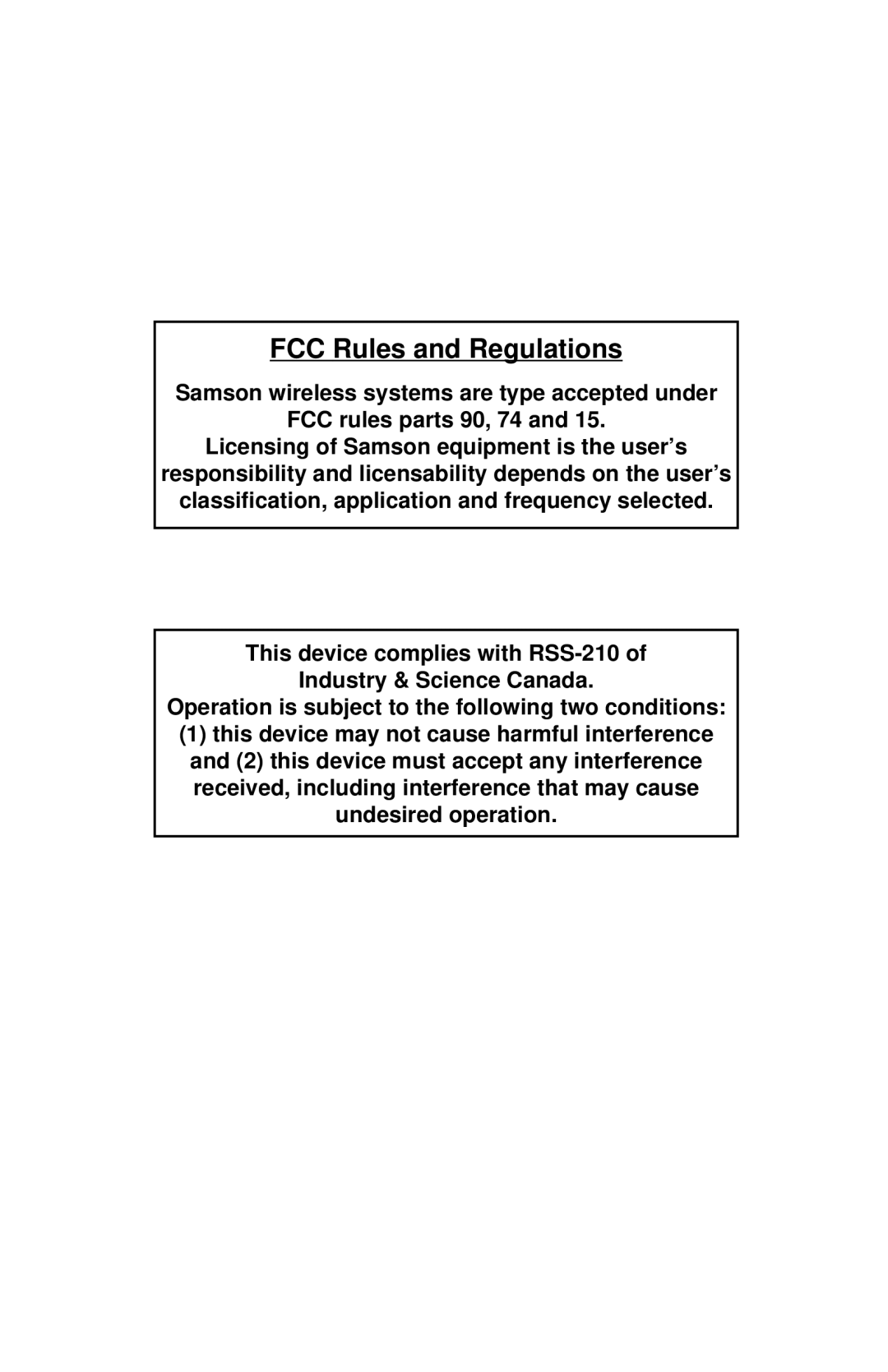 Samson VHF TD Series, VHF Series owner manual FCC Rules and Regulations 