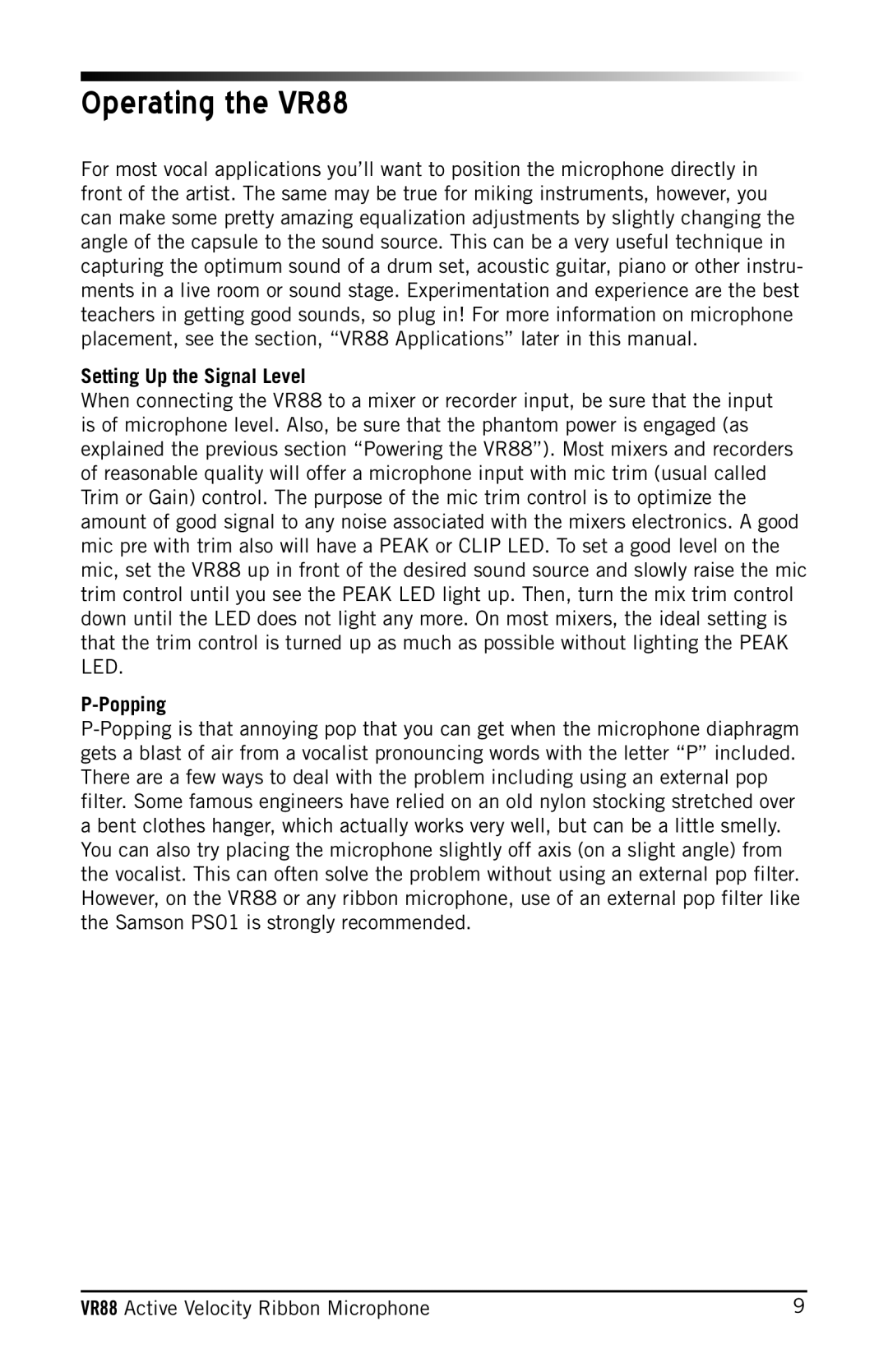 Samson VR88 owner manual Setting Up the Signal Level, Popping 