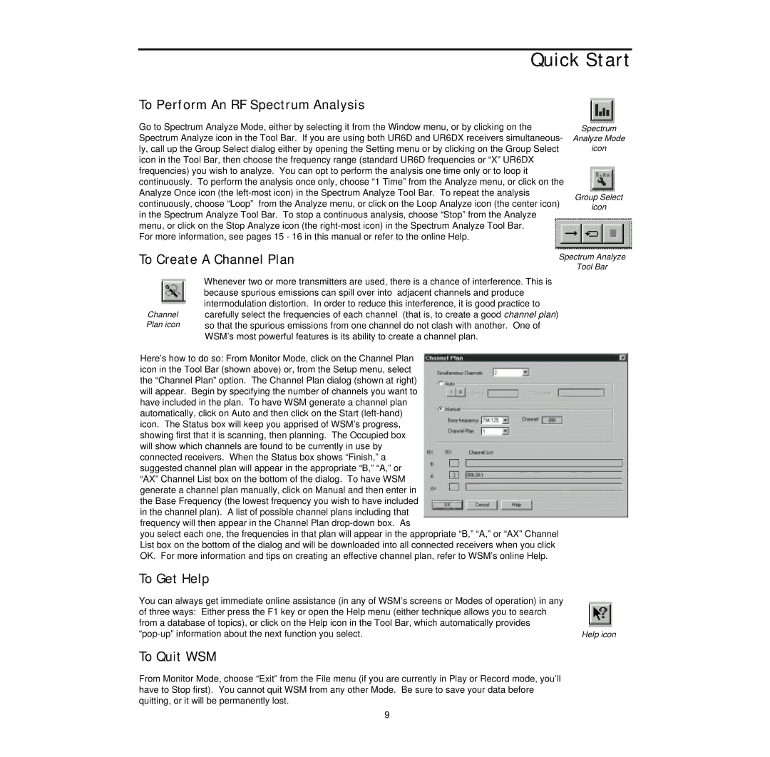 Samson Wireless System Manager for Windows 95 To Perform An RF Spectrum Analysis, To Create a Channel Plan, To Get Help 