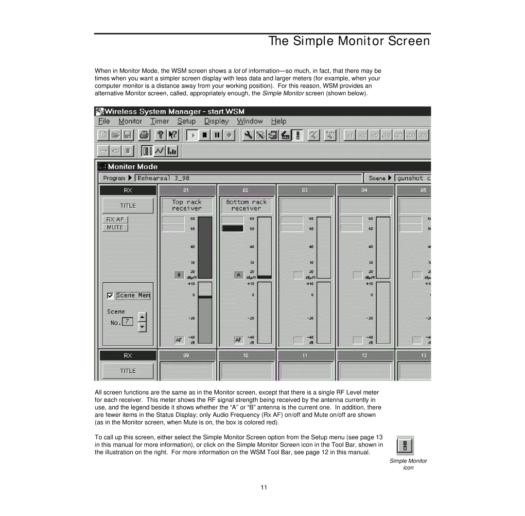 Samson Wireless System Manager for Windows 95 owner manual Simple Monitor Screen 