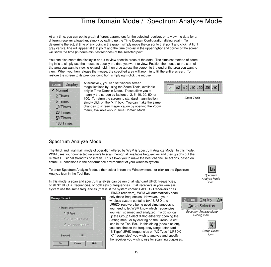 Samson Wireless System Manager for Windows 95 owner manual Time Domain Mode / Spectrum Analyze Mode 