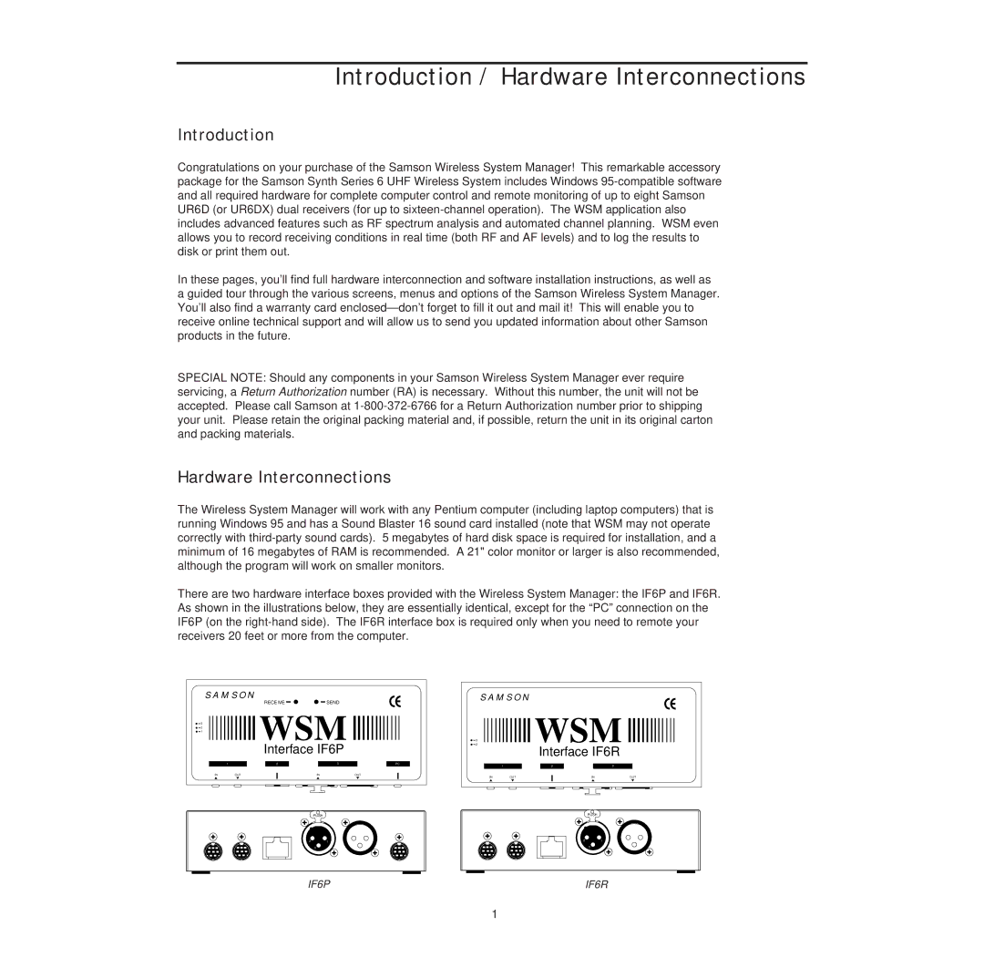 Samson Wireless System Manager for Windows 95 owner manual Introduction / Hardware Interconnections 