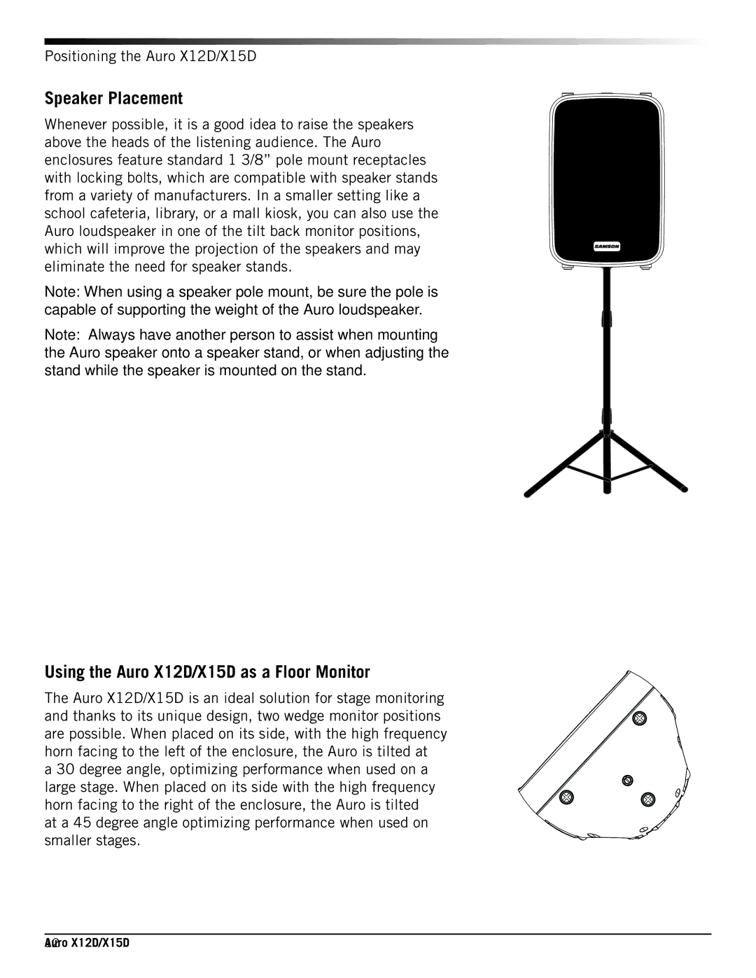 Samson X15D, X12D owner manual Speaker Placement 