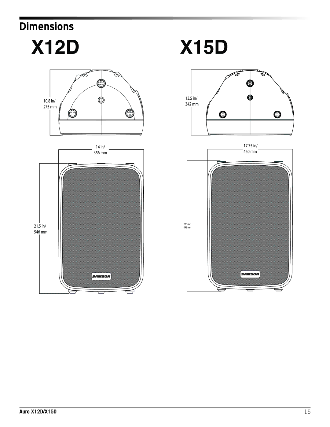 Samson X12D, X15D owner manual Dimensions 