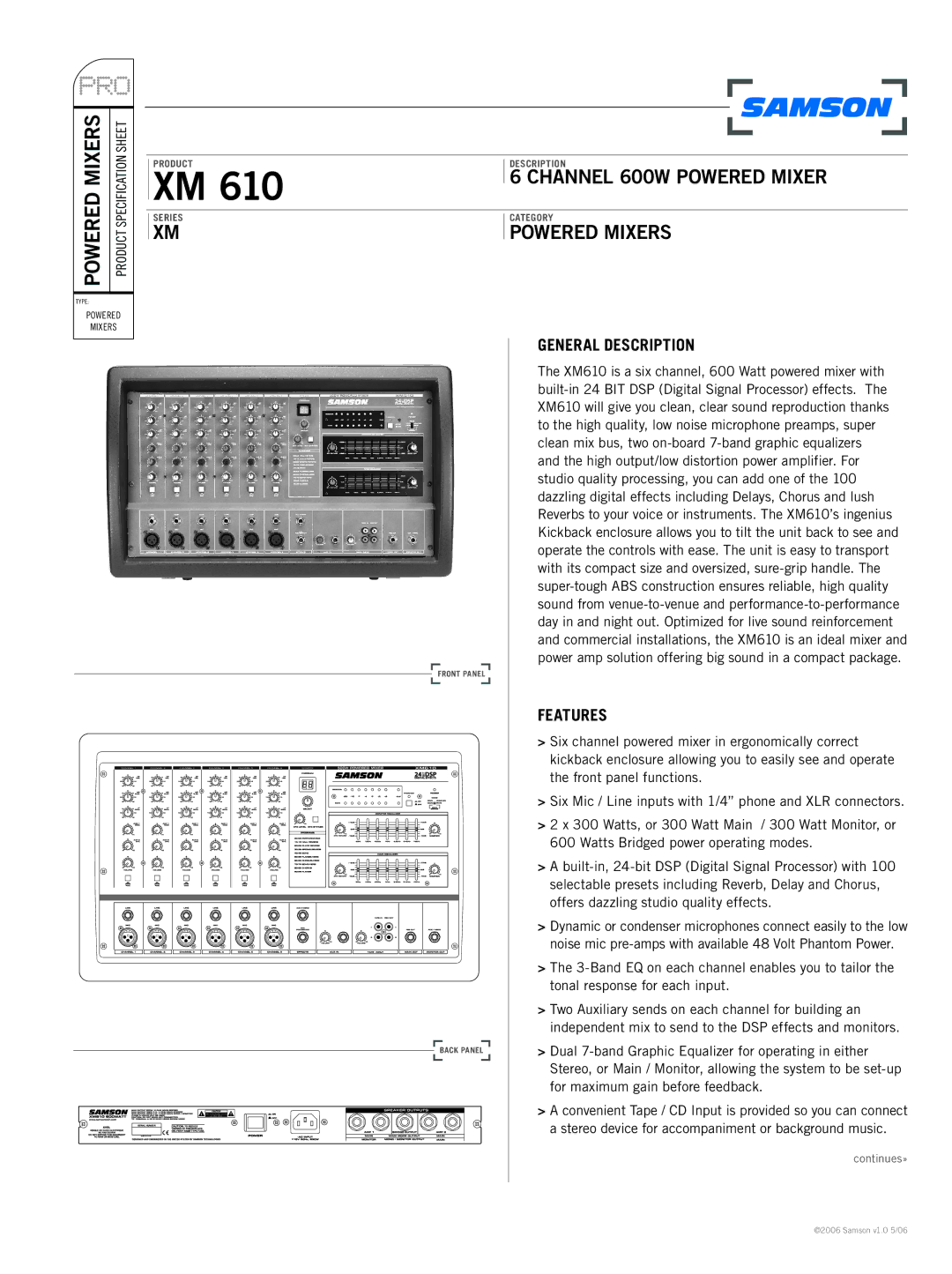 Samson XM610 specifications General Description, Features 