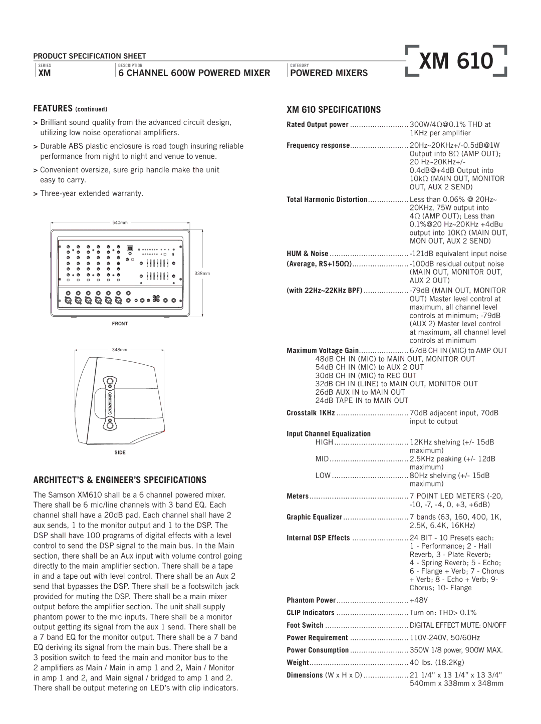 Samson XM610 specifications ARCHITECT’S & ENGINEER’S Specifications, XM 610 Specifications 