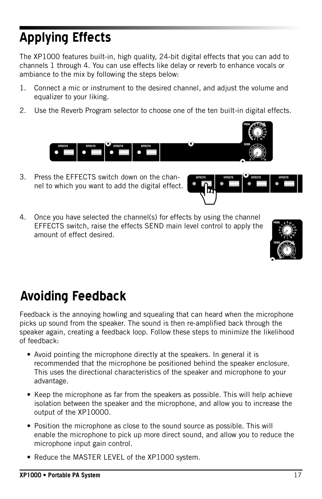 Samson XP1000 owner manual Applying Effects, Avoiding Feedback 