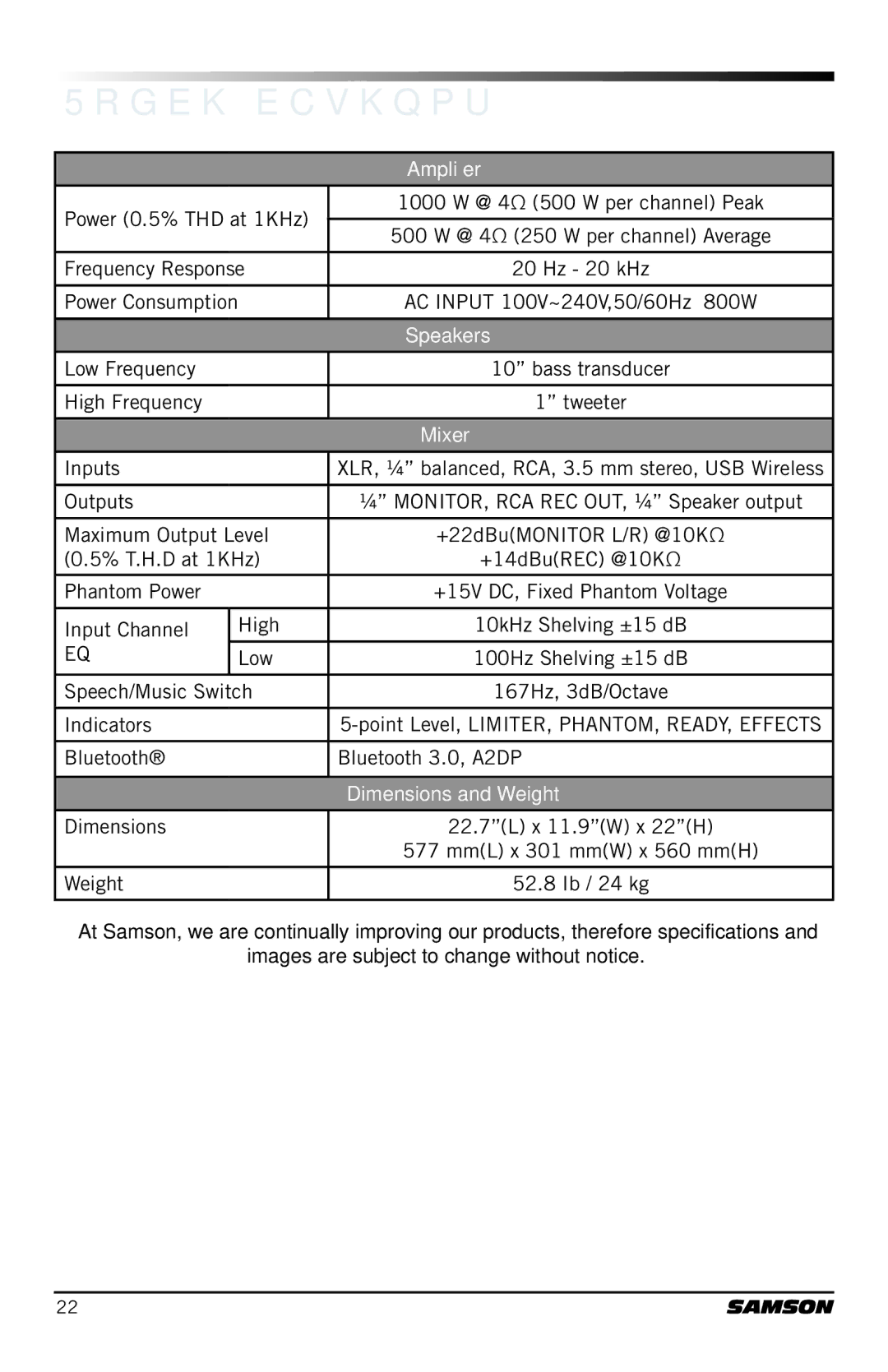 Samson XP1000 owner manual Specifications, Dimensions and Weight 