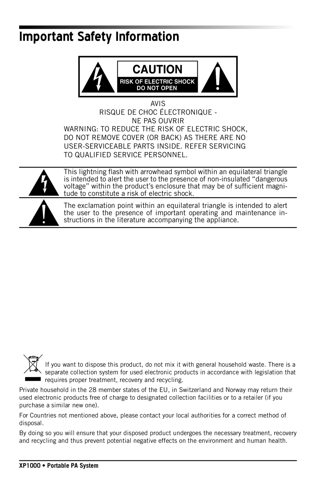 Samson XP1000 owner manual Important Safety Information 