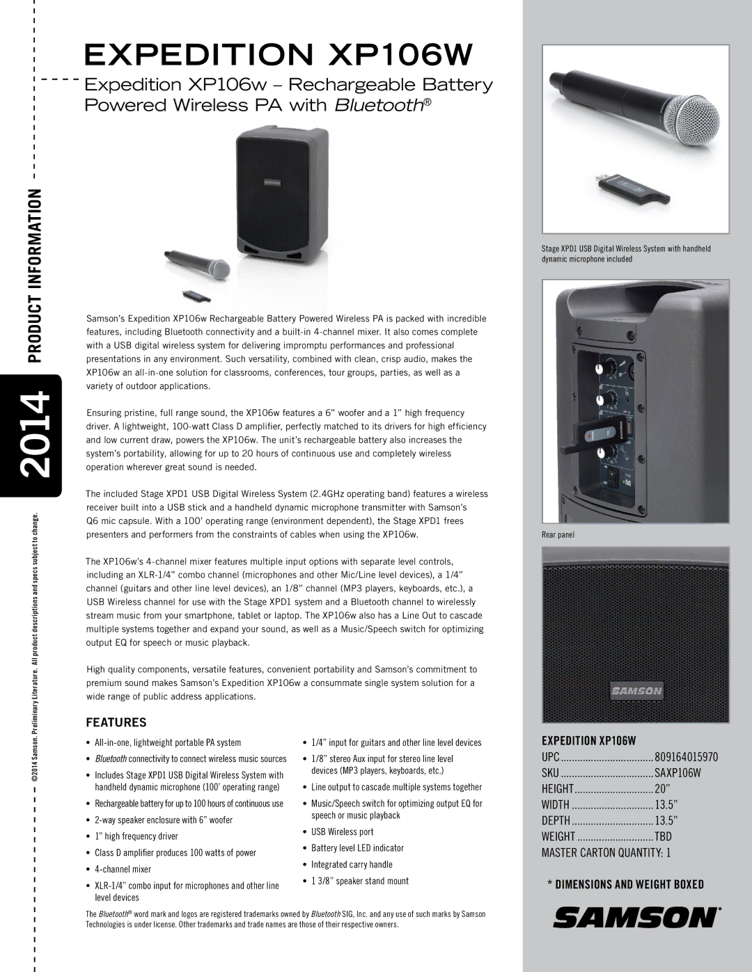 Samson dimensions Expedition XP106W, Features, SAXP106W, Tbd, Master Carton Quantity 