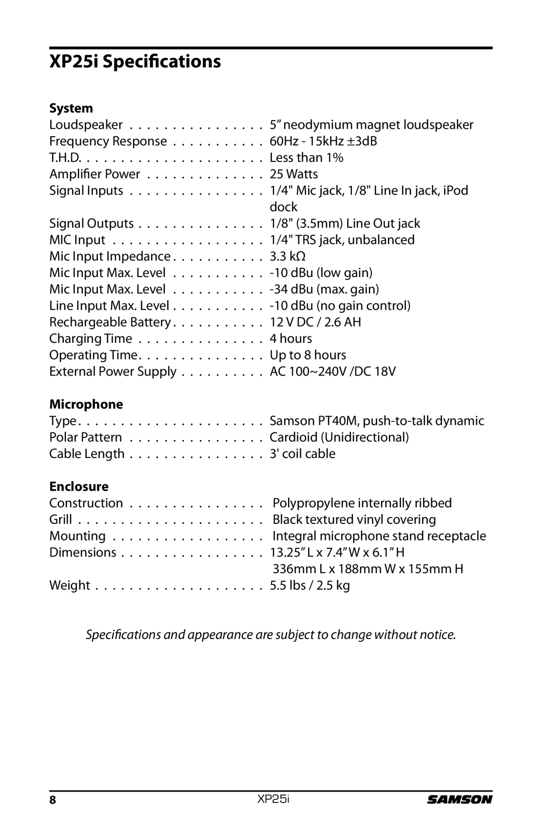 Samson XP25I owner manual XP25i Specifications, System 