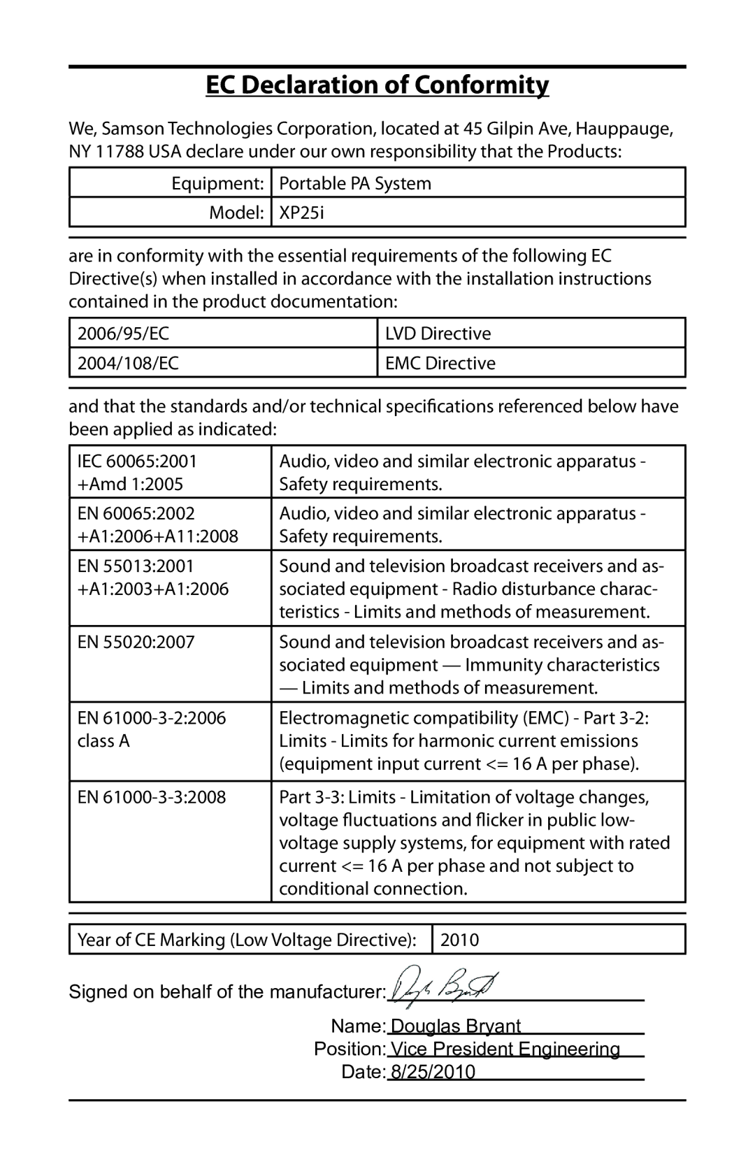 Samson XP25I owner manual EC Declaration of Conformity 