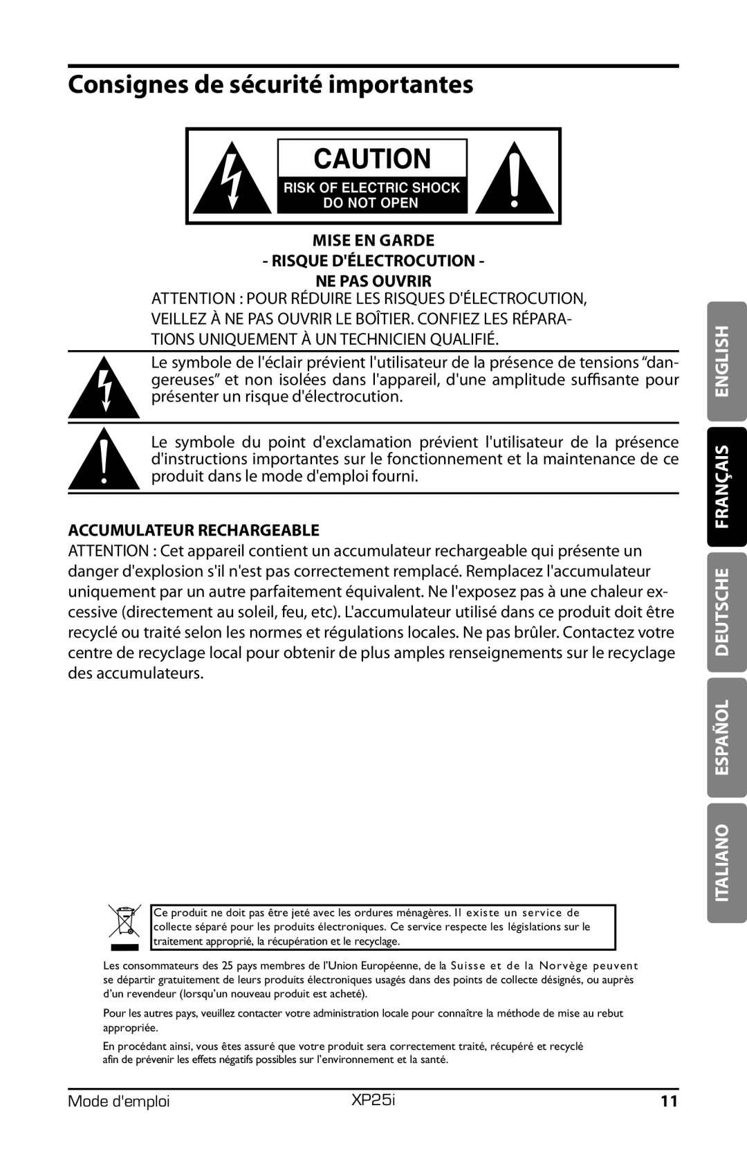 Samson XP25I owner manual Consignes de sécurité importantes, Mise EN Garde Risque Délectrocution NE PAS Ouvrir 