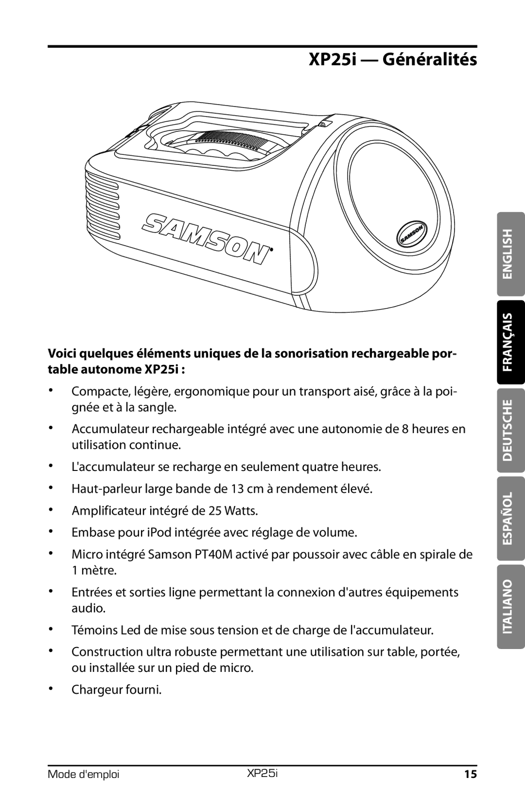 Samson XP25I owner manual XP25i Généralités 