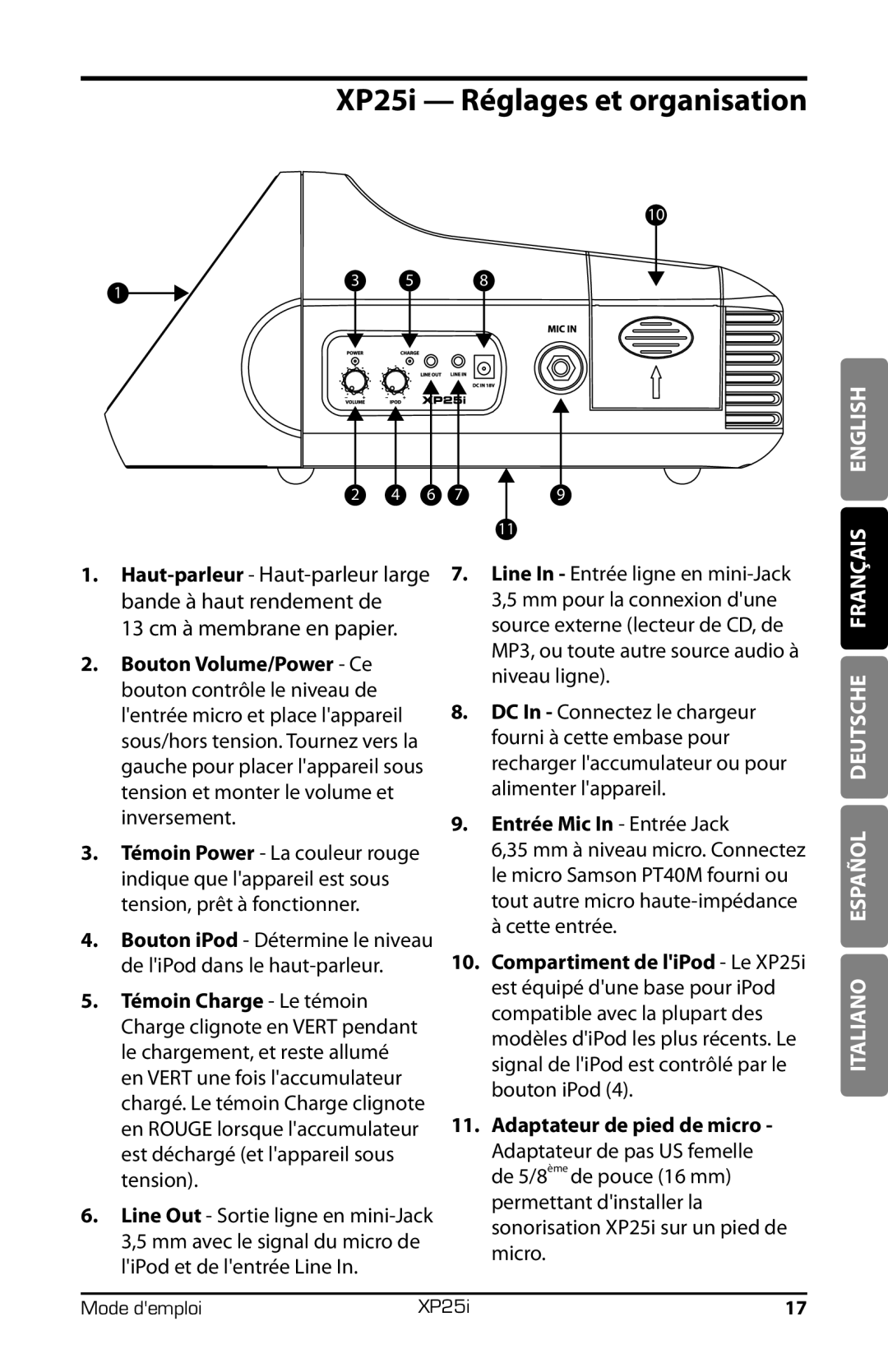 Samson XP25I owner manual XP25i Réglages et organisation, 13 cm à membrane en papier 