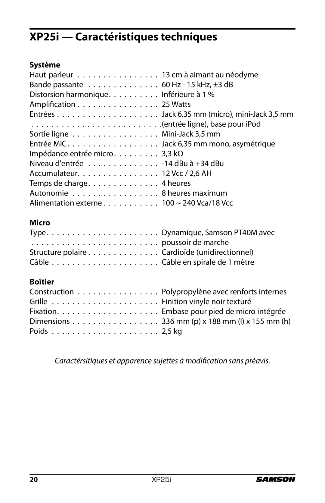 Samson XP25I owner manual XP25i Caractéristiques techniques, Système 