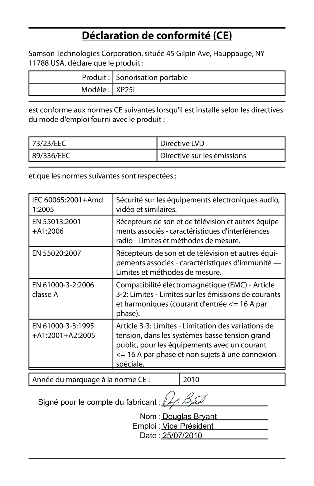 Samson XP25I owner manual Déclaration de conformité CE 