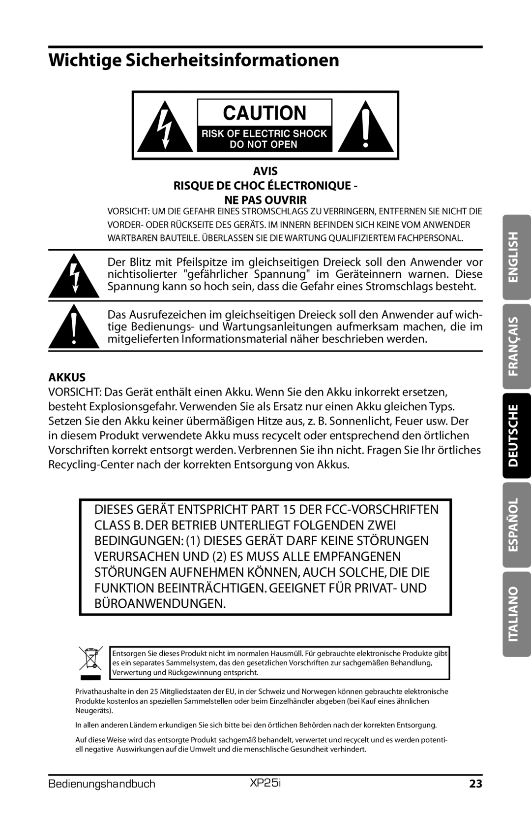 Samson XP25I owner manual Wichtige Sicherheitsinformationen, Akkus 