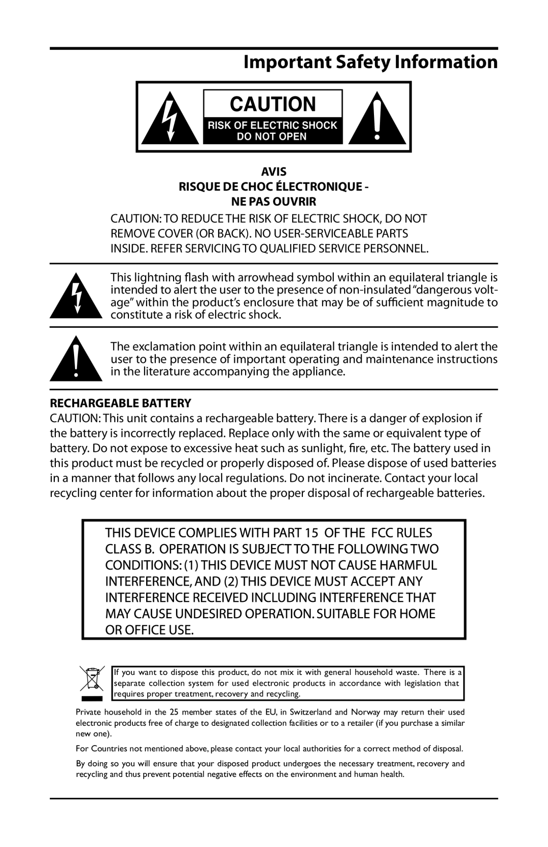 Samson XP25I owner manual Important Safety Information, Avis Risque DE Choc Électronique NE PAS Ouvrir 