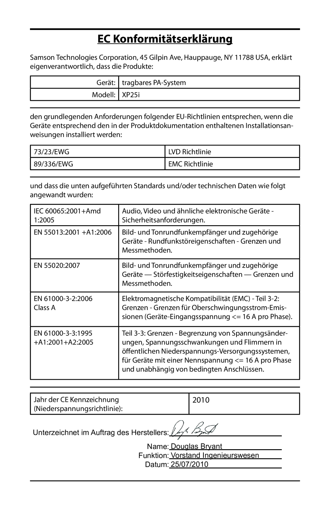 Samson XP25I owner manual EC Konformitätserklärung, Class a 